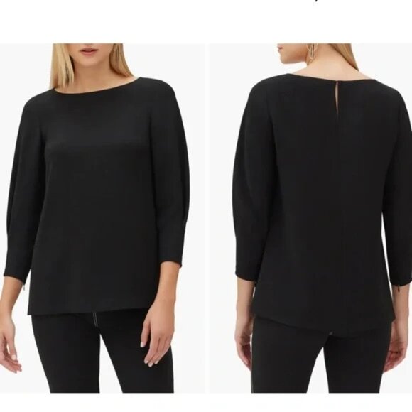 Lafayette 148 Caddie Finesse Crepe Blouse Black Top Blouse Women Size 10 - Picture 1 of 15